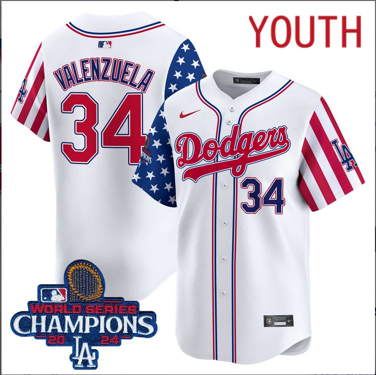 Youth  MLB Los Angeles Dodgers #34 Valenzuela American Style white 2024 World Series Champions  Limited Jersey